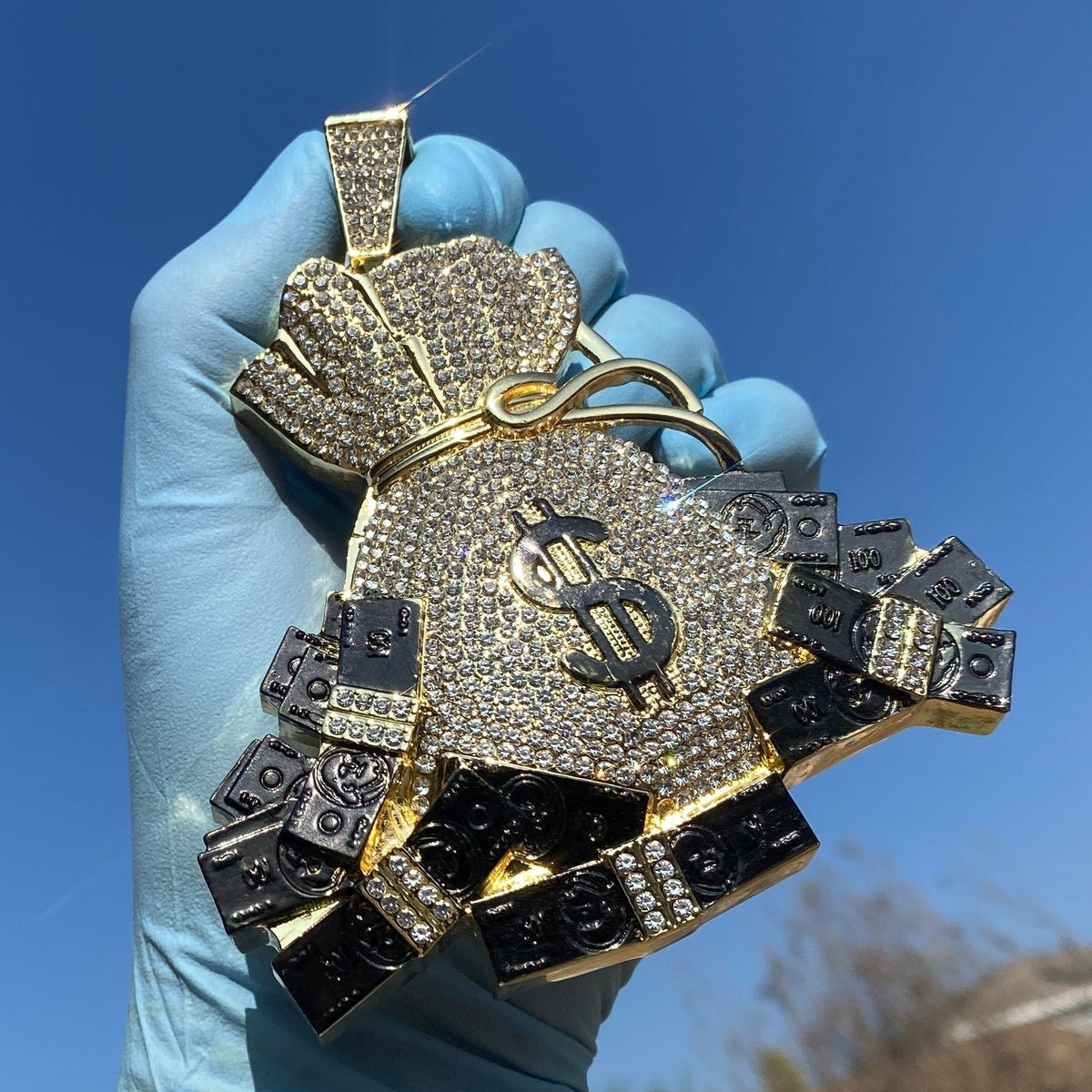 14k Gold Finish Money Bag Huge Jumbo Iced Flooded Out Pendant