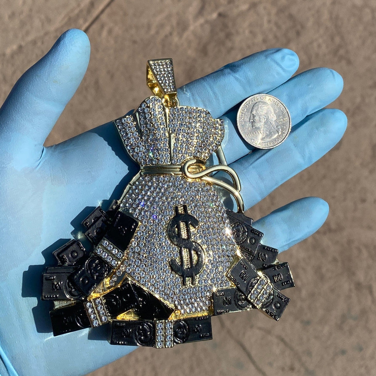 14k Gold Finish Money Bag Huge Jumbo Iced Flooded Out Pendant