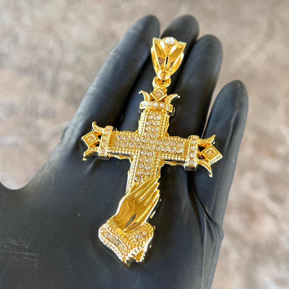 14k Gold Plated Cross w/Praying Hands Pendant Iced Bling Out CZ 4