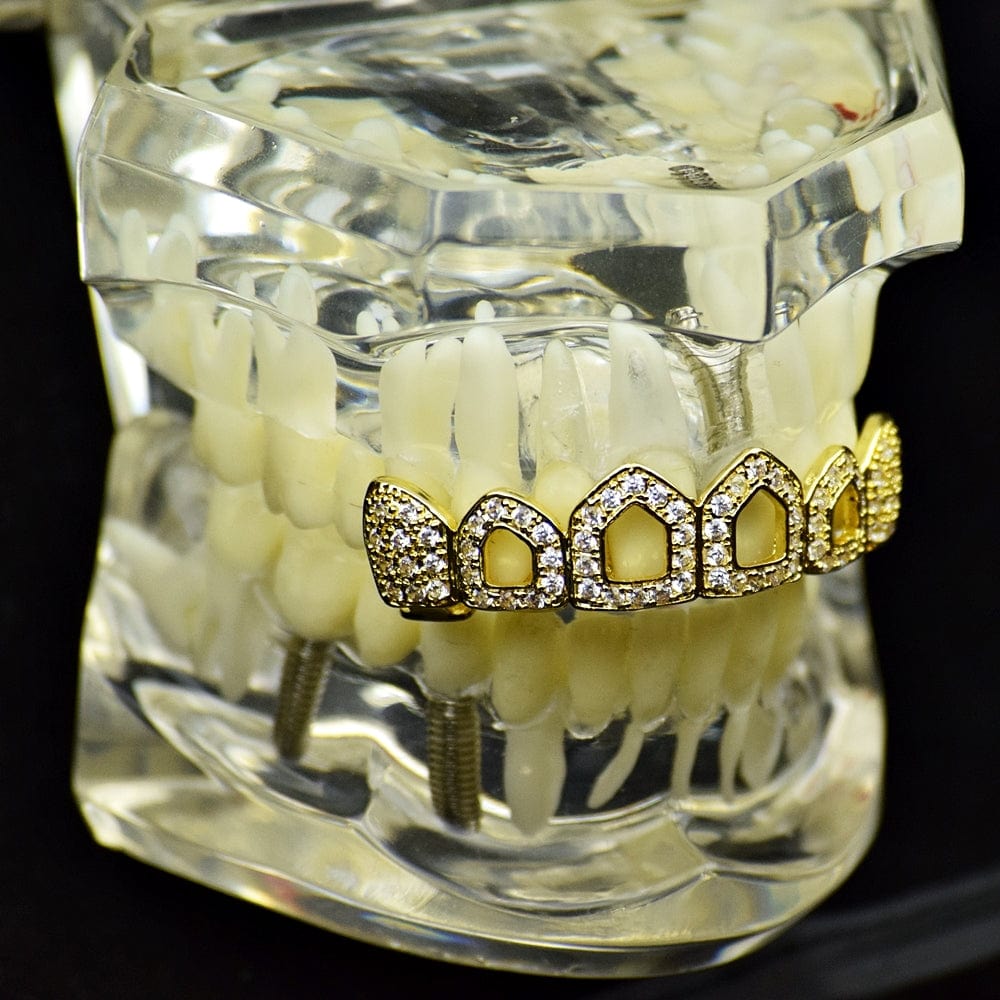 6 Piece Gold Grillz Kit – Single Tooth Open Face Caps With Remover Tool, Heart & Cross Designs For Men & Women