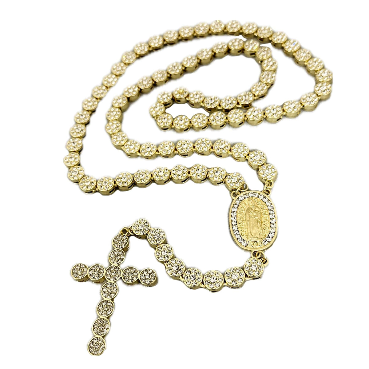 14K Gold Plated Flower Chain CZ Rosary La Virgen De Guadalupe Necklace