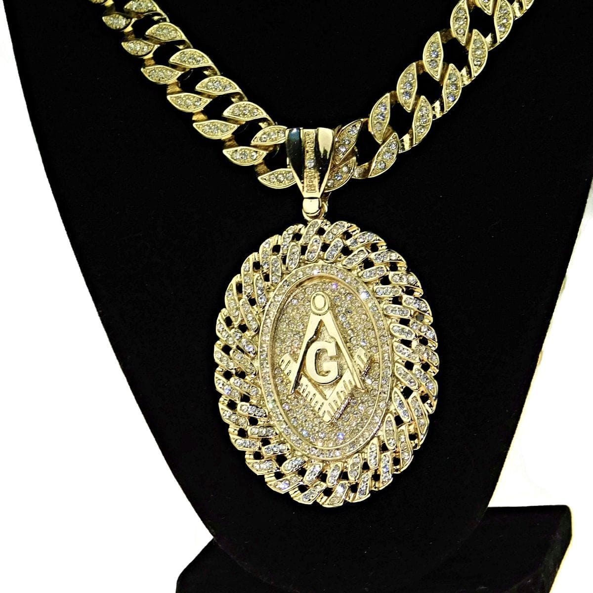 14K Gold Plated Masonic Medallion Pendant Cuban Link Chain Necklace 30"