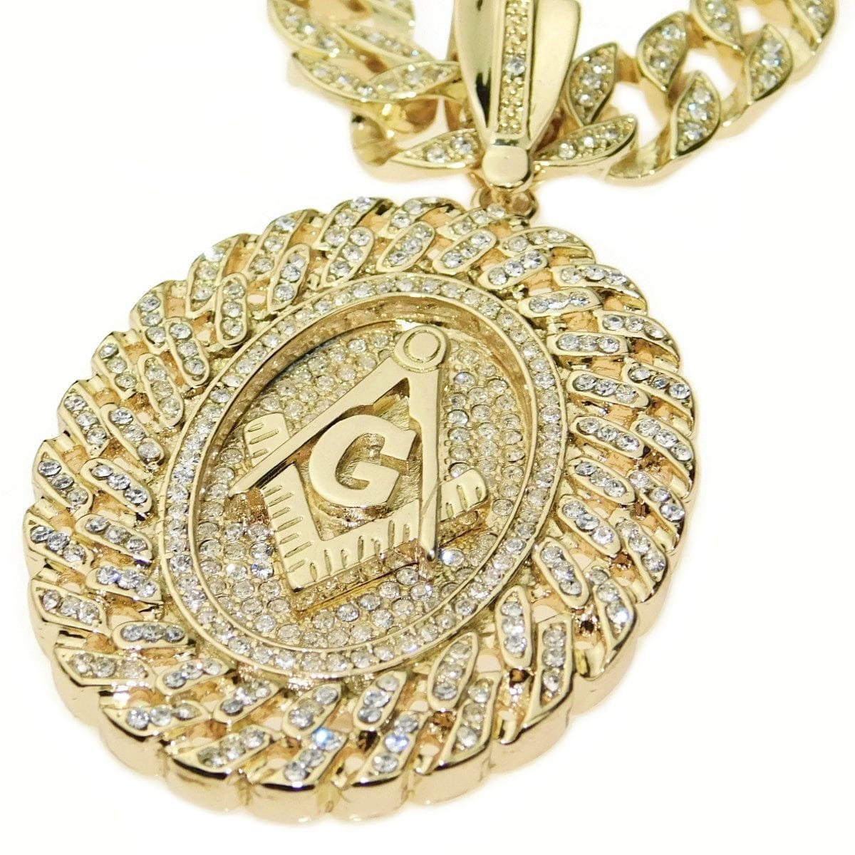 14K Gold Plated Masonic Medallion Pendant Cuban Link Chain Necklace 30"