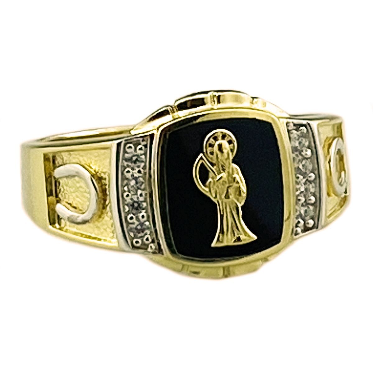 14K Gold Plated over 925 Silver Black La Santa Muerte Grim Reaper Ring