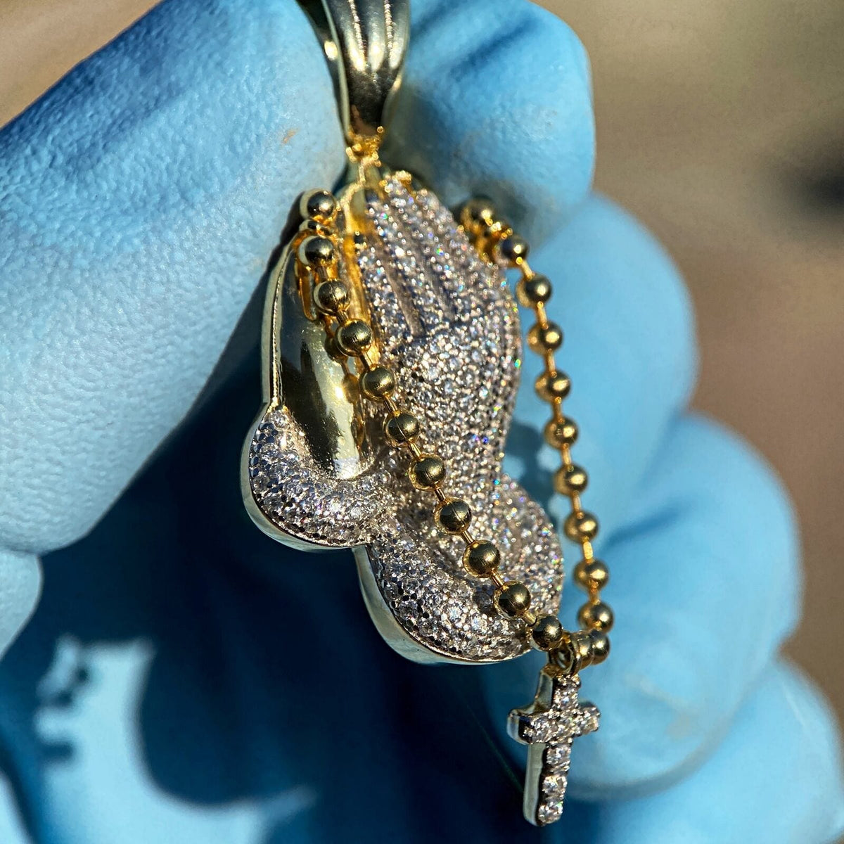 14K Gold Plated over 925 Silver Praying Hands w/Rosary Iced Moissanite 14K Gold Plated over 925 Silver Praying Hands w/Rosary Iced Moissanite