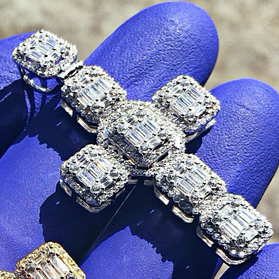 925 Sterling Silver Iced Baguette Flooded Out Cross Pendant 2"