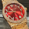 Arabic Numerals Gold Finish Red Face Dial Iced Nugget Watch