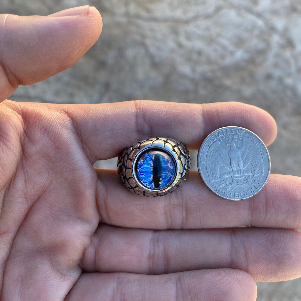 Blue Reptile Eye Ring Snake Dinosaur Dragon Cat Lizard Stainless Steel