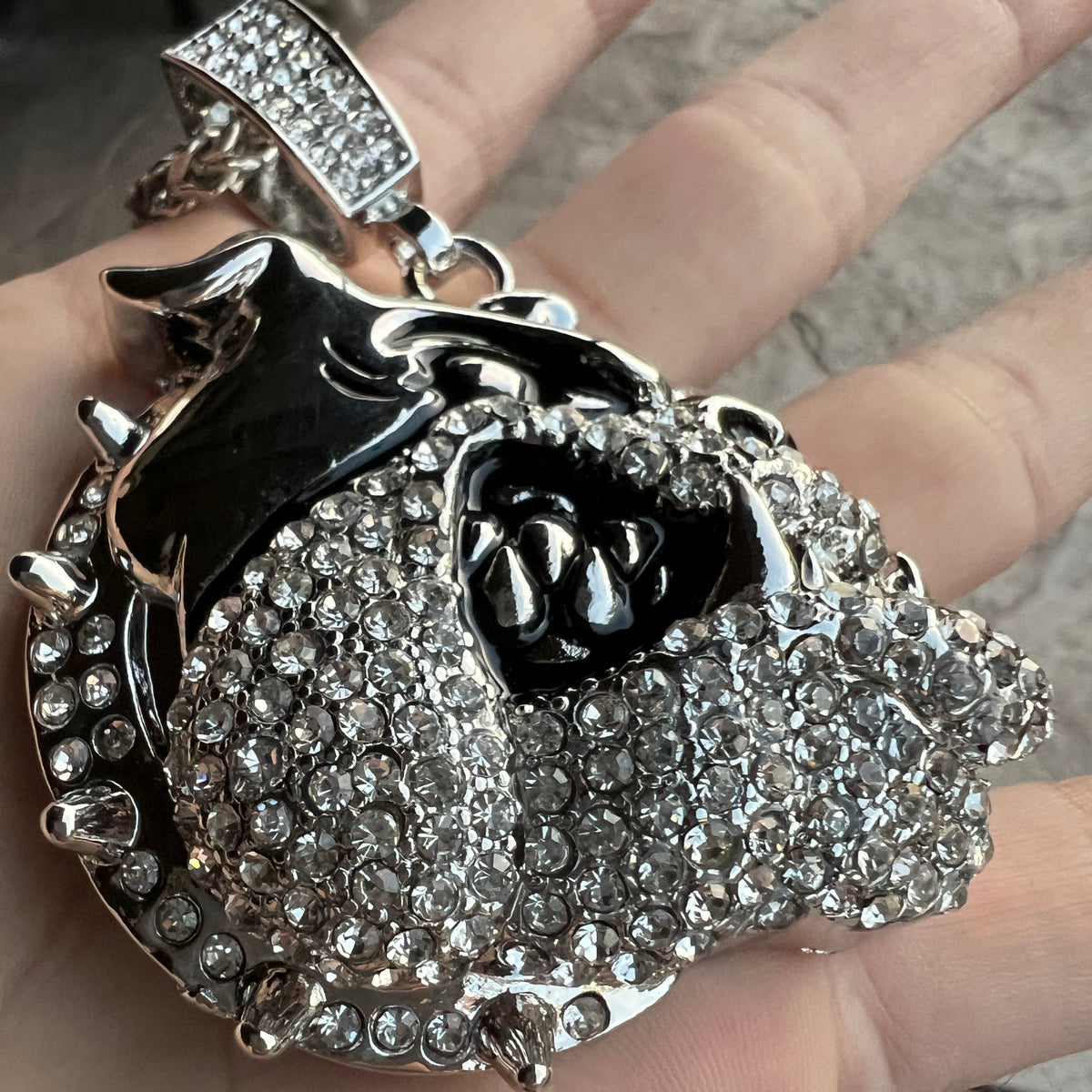 Bulldog Pendant CZ Silver Tone w/ 316L Stainless Steel Franco Chain Ne