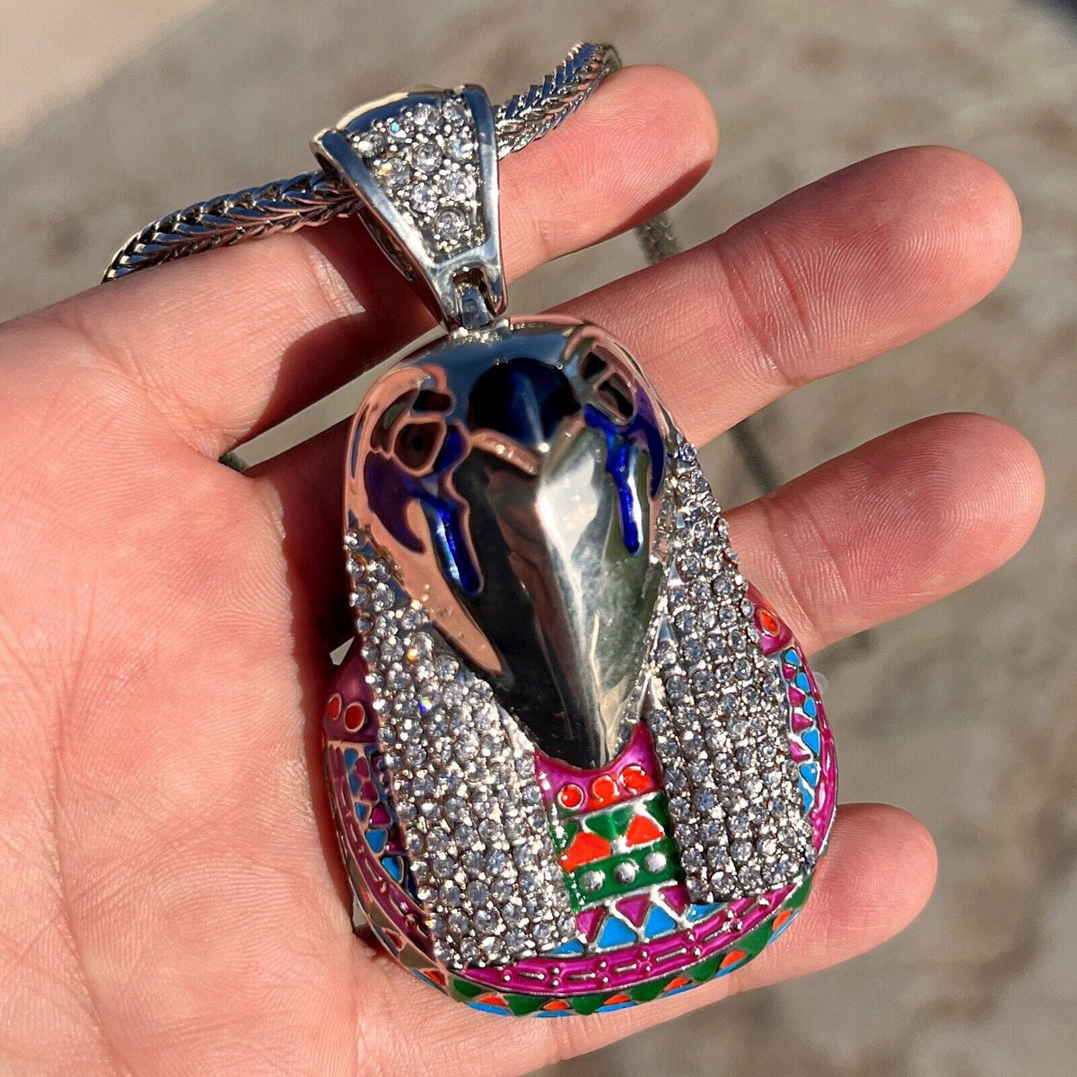 Horus Falcon Egyptian Bird God CZ Silver Tone Franco Chain