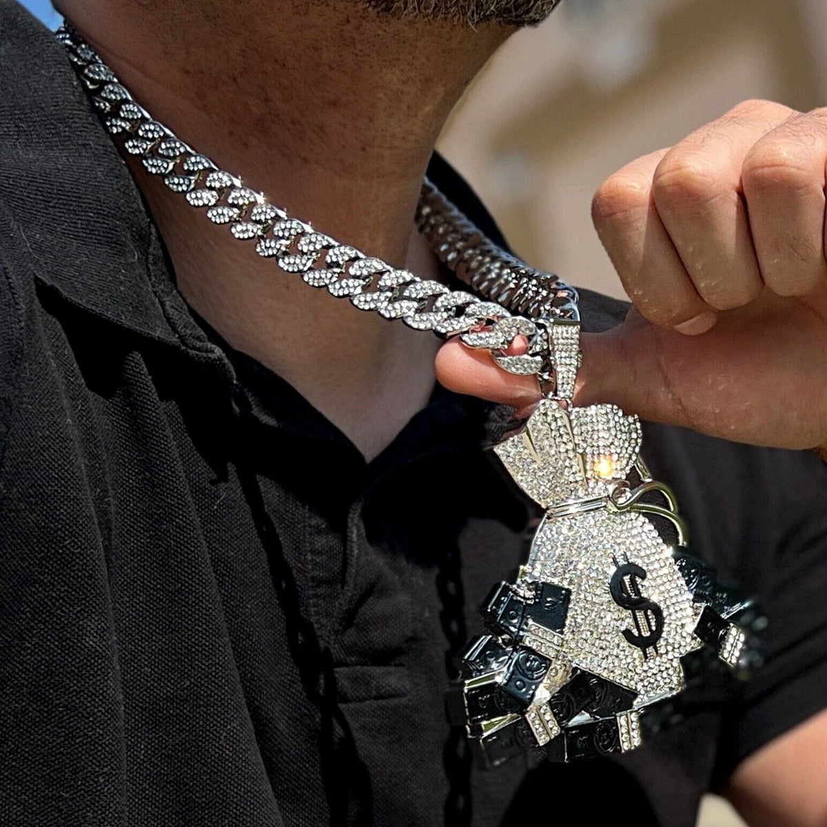 Huge Money Bag Pendant Iced CZ Silver Tone Cuban Link Chain Necklace