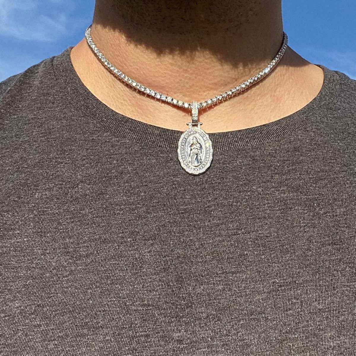 La Virgen de Guadalupe Mary Iced 925 Silver Tennis Choker 16