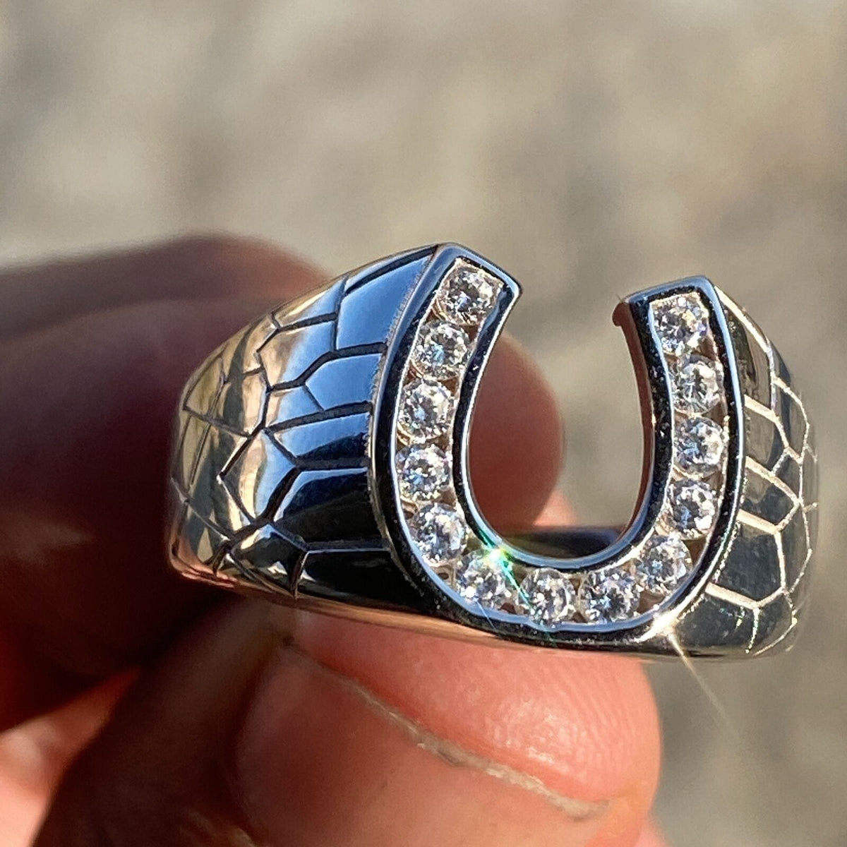 Solid 925 Sterling Silver CZ Lucky Horseshoe Ring