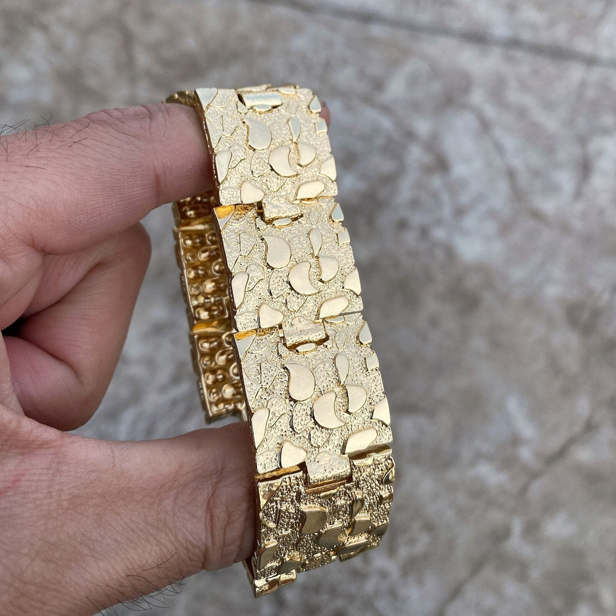 Men's Gold Bracelet, 8mm thick Gold Nugget Cuff Bracelet, Large