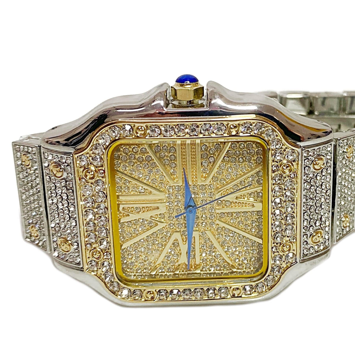Mens Big Hip Hop Watch Square Face Blue Hands Two Tone 8