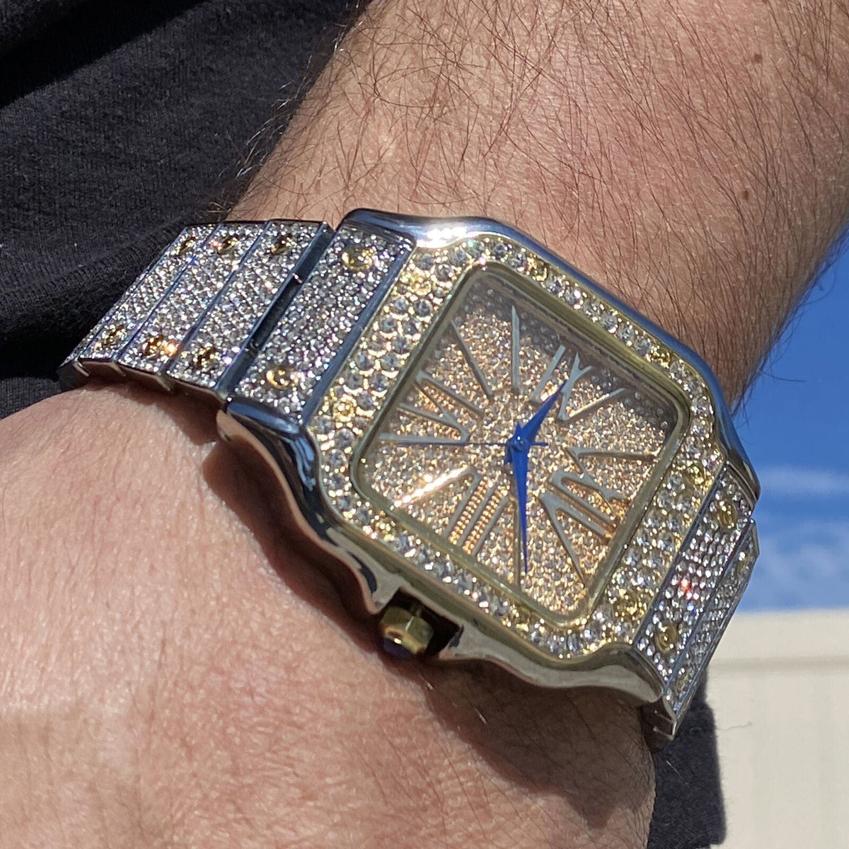 Mens Big Hip Hop Watch Square Face Blue Hands Two Tone 8