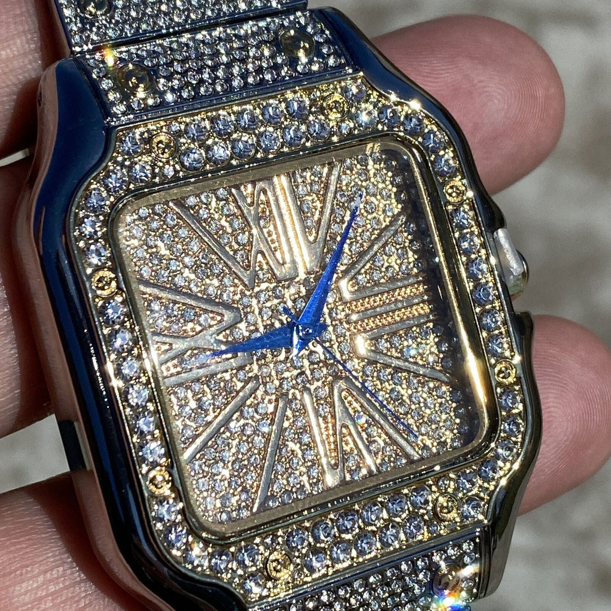 Mens Big Hip Hop Watch Square Face Blue Hands Two Tone 8