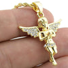 Micro Angel Iced Wings Gold Finish Rope Chain Necklace 24"