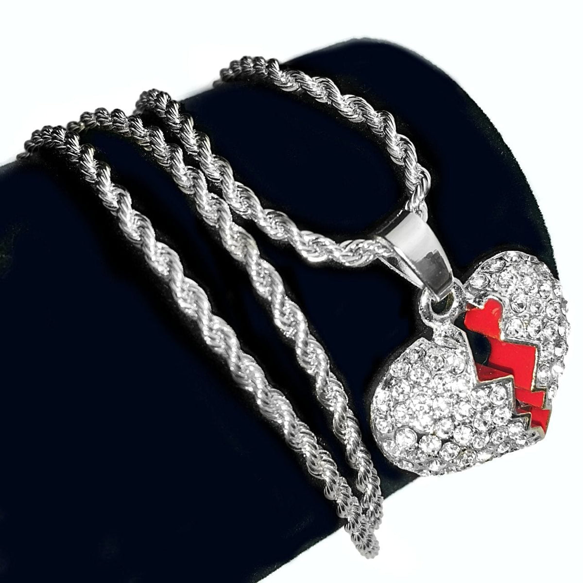 Micro Broken Heart Pendant Silver Tone Rope Chain Necklace 24