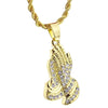 Micro Praying Hands Iced Gold Finish Rope Chain Necklace 24"