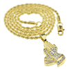 Micro Praying Hands Iced Gold Finish Rope Chain Necklace 24"
