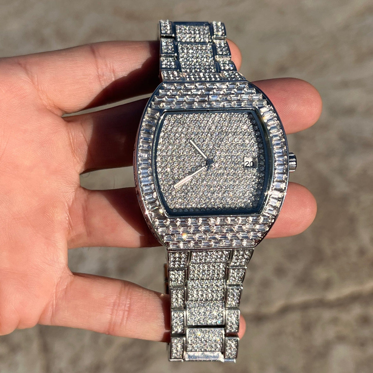 NYで人気 【US限定】 ★BAGUETTE BLING WATCH★ Men Iced Bling Rapper Baguette Stone Silicone Band Luxury