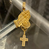 Praying Hands w/Cross Iced Pendant Gold Finish over 925 Silver