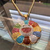 Rainbow Flower Happy Face CZ Pendant Gold Plated Stainless Steel Cuban Chain 24"