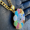 Rainbow Flower Happy Face CZ Pendant Gold Plated Stainless Steel Cuban Chain 24"