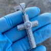 Real 925 Sterling Silver Cross Round Center Stone Iced Pendant 2.5"