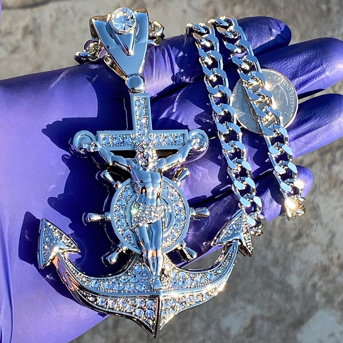 Silver Tone Huge Iced Mariners Jesus Cross Anchor Chain Necklace 30