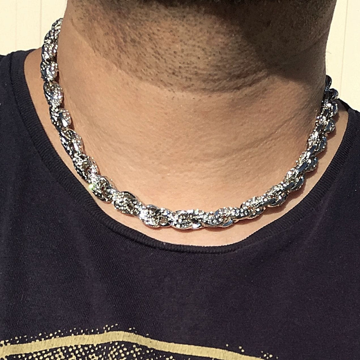 Silver Tone Rope Chain Iced Flooded Out Necklace 10mm x 18