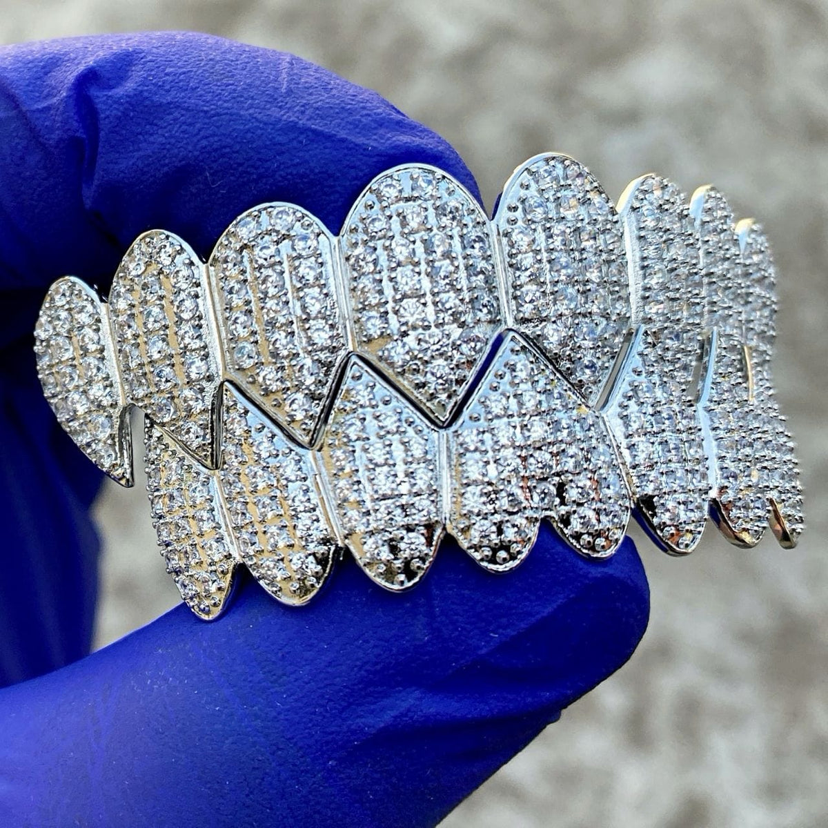 Men's Bottom Grillz - Silver Tone Flooded CZ Iced Teeth, Hip Hop Bling, Unisex, Brass Base