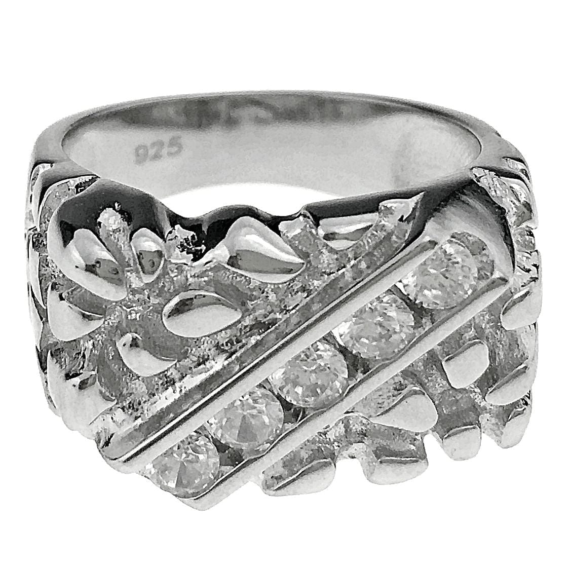 Solid 925 Sterling Silver Diagonal Iced CZ Nugget Ring