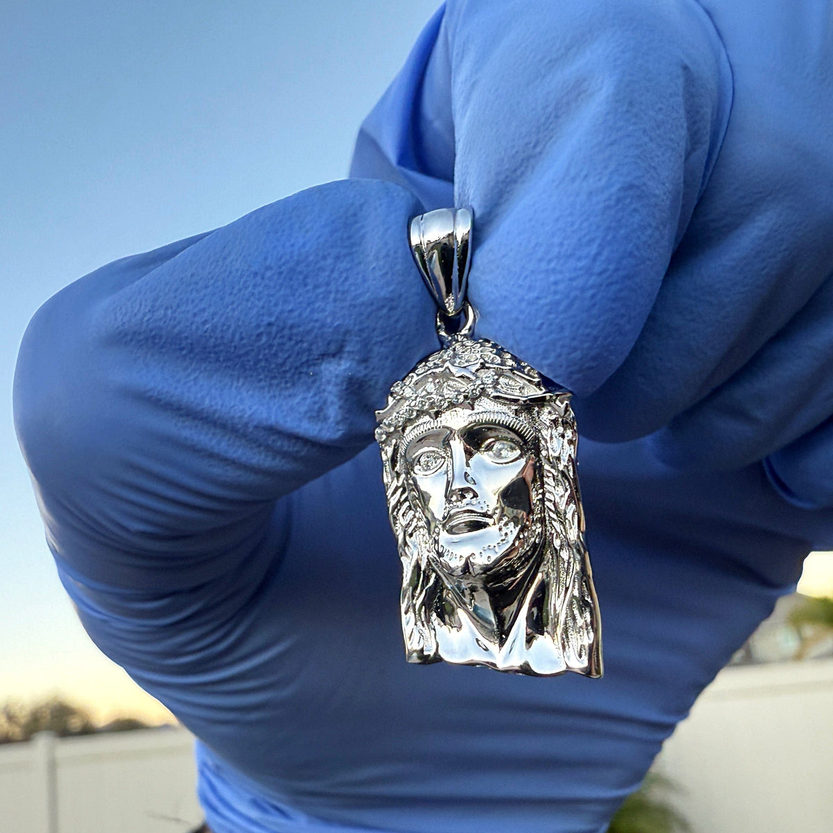 Solid 925 Sterling Silver Jesus Head Italy Pendant CZ Crown Small 1