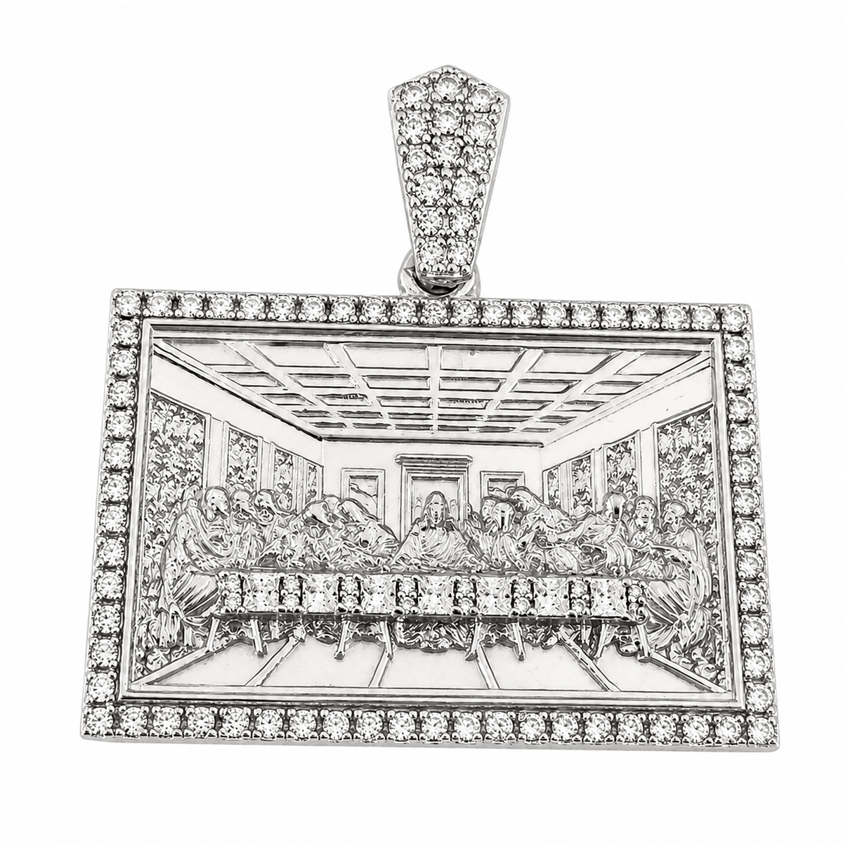Solid 925 Sterling Silver The Last Supper Rectangular Pendant Iced CZ