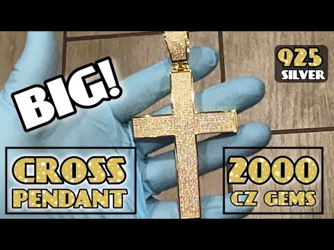 14K Gold Plated 925 Sterling Silver Big Cross Pendant Iced Micro Pave