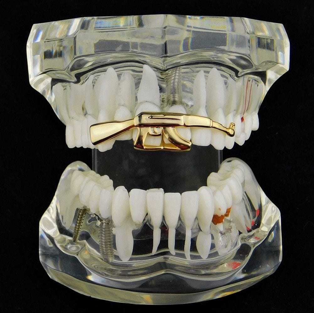 14K Gold AK-47 Rifle Gun Plain Top Teeth Grillz
