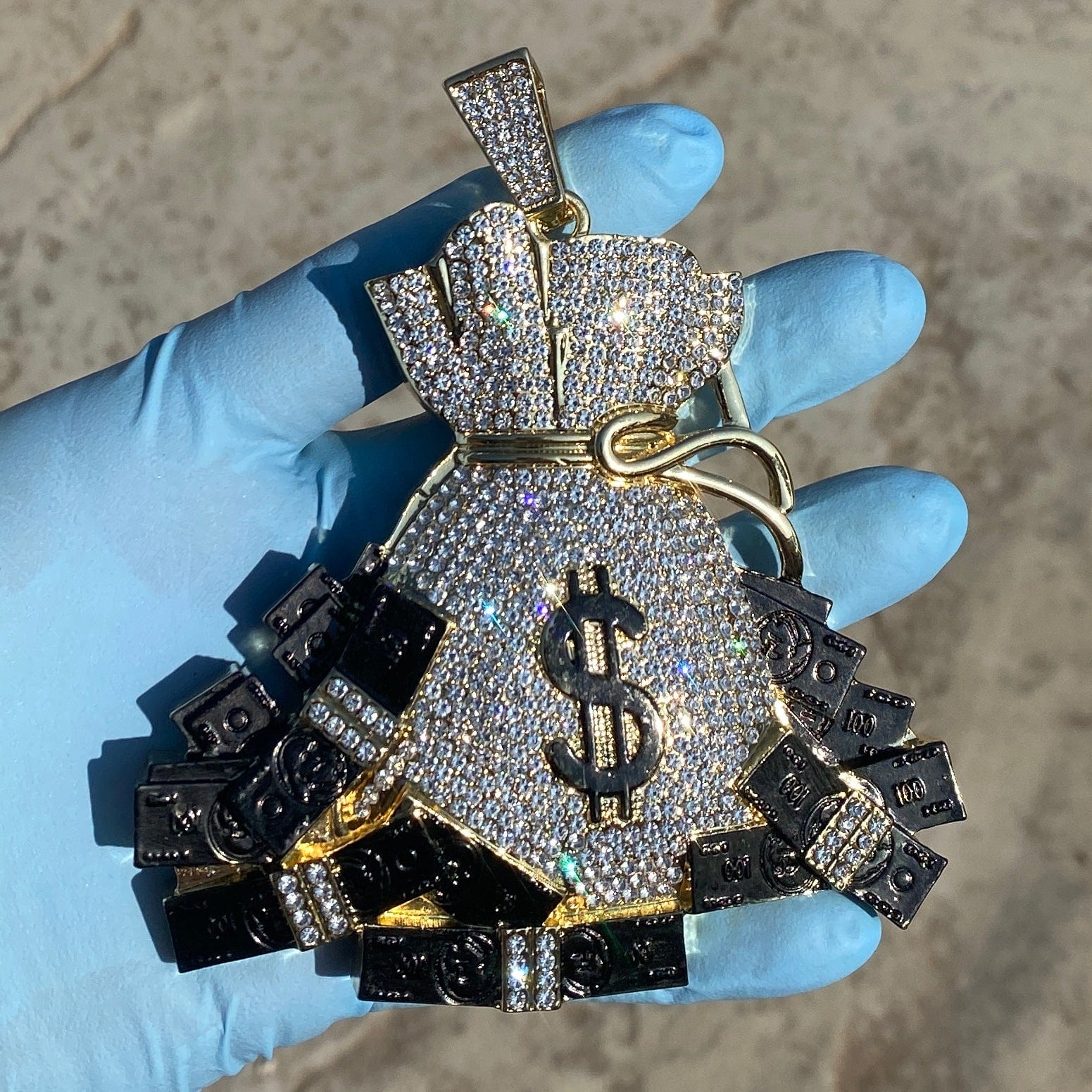 14k Gold Finish Money Bag Huge Jumbo Iced Flooded Out