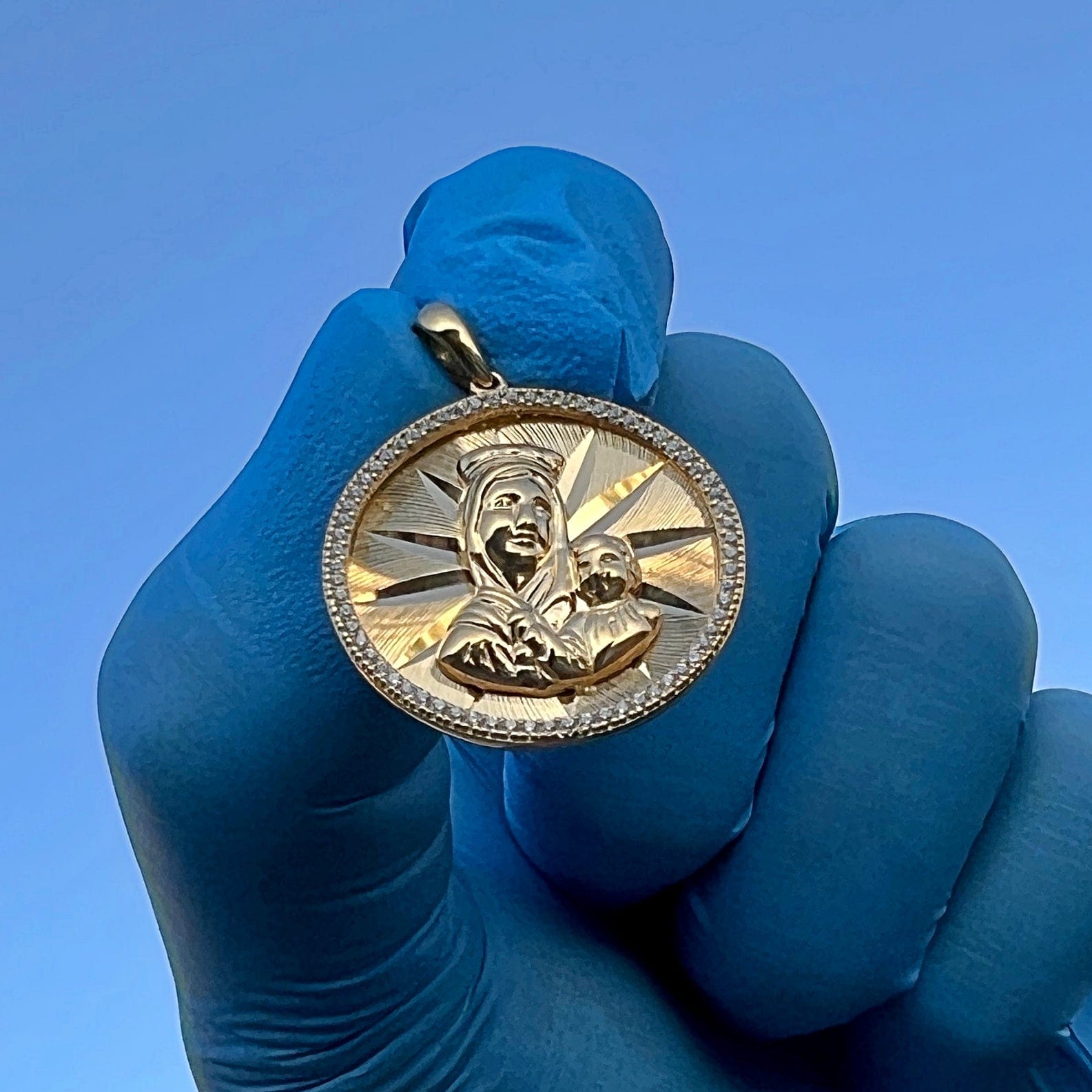 14k Gold Plated 925 Silver CZ Pendant Mary Baby Jesus Madre La Virgen