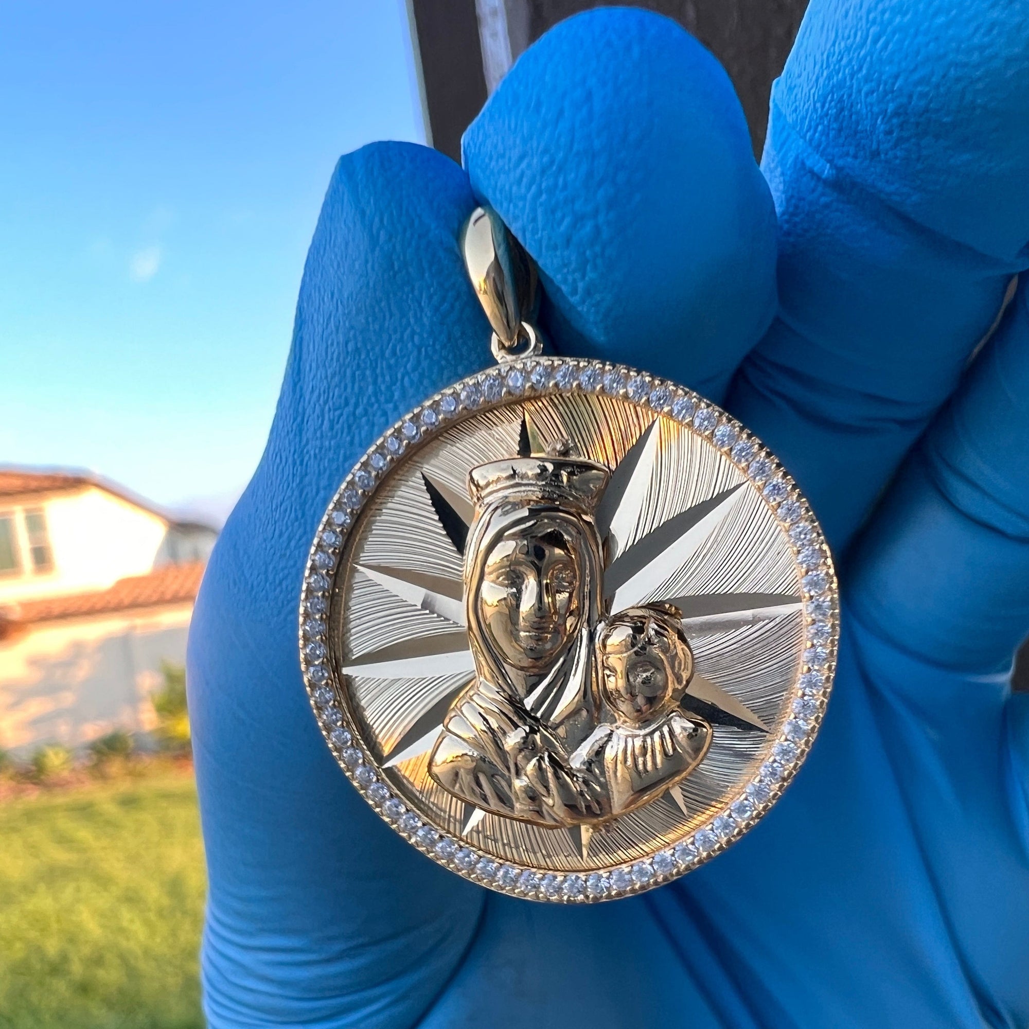 14k Gold Plated 925 Silver CZ Pendant Mary Baby Jesus Madre La Virgen
