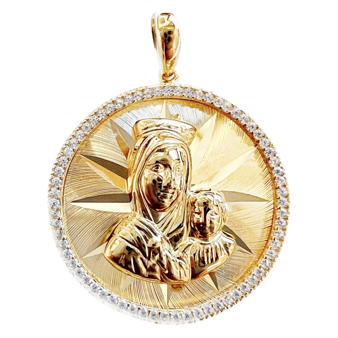 14k Gold Plated 925 Silver CZ Pendant Mary Baby Jesus Madre La Virgen