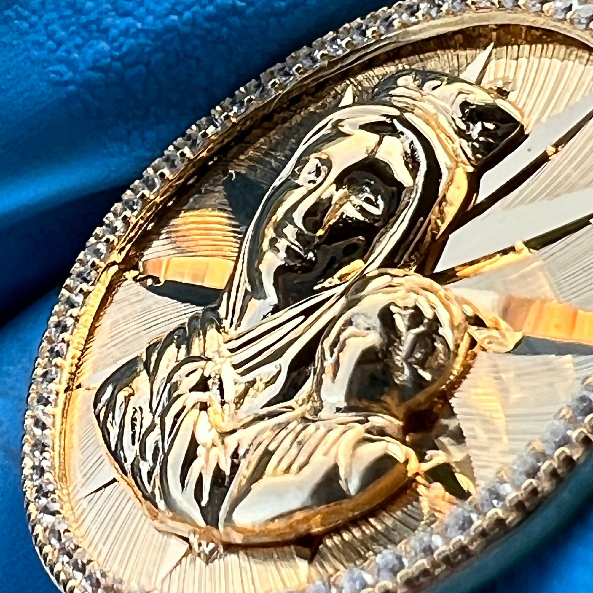 14k Gold Plated 925 Silver CZ Pendant Mary Baby Jesus Madre La Virgen