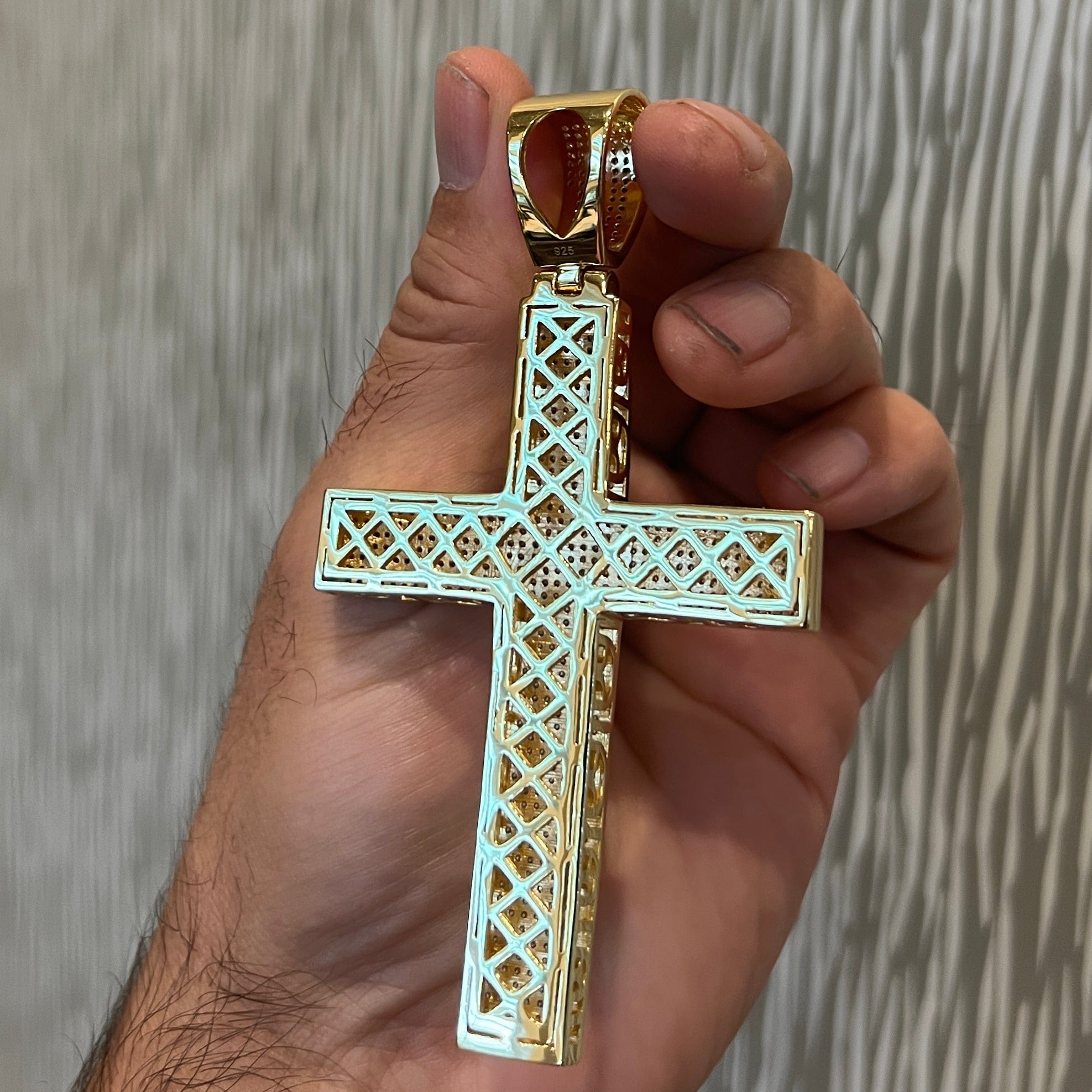 14K Gold Plated 925 Sterling Silver Big Cross Pendant Iced Micro Pave