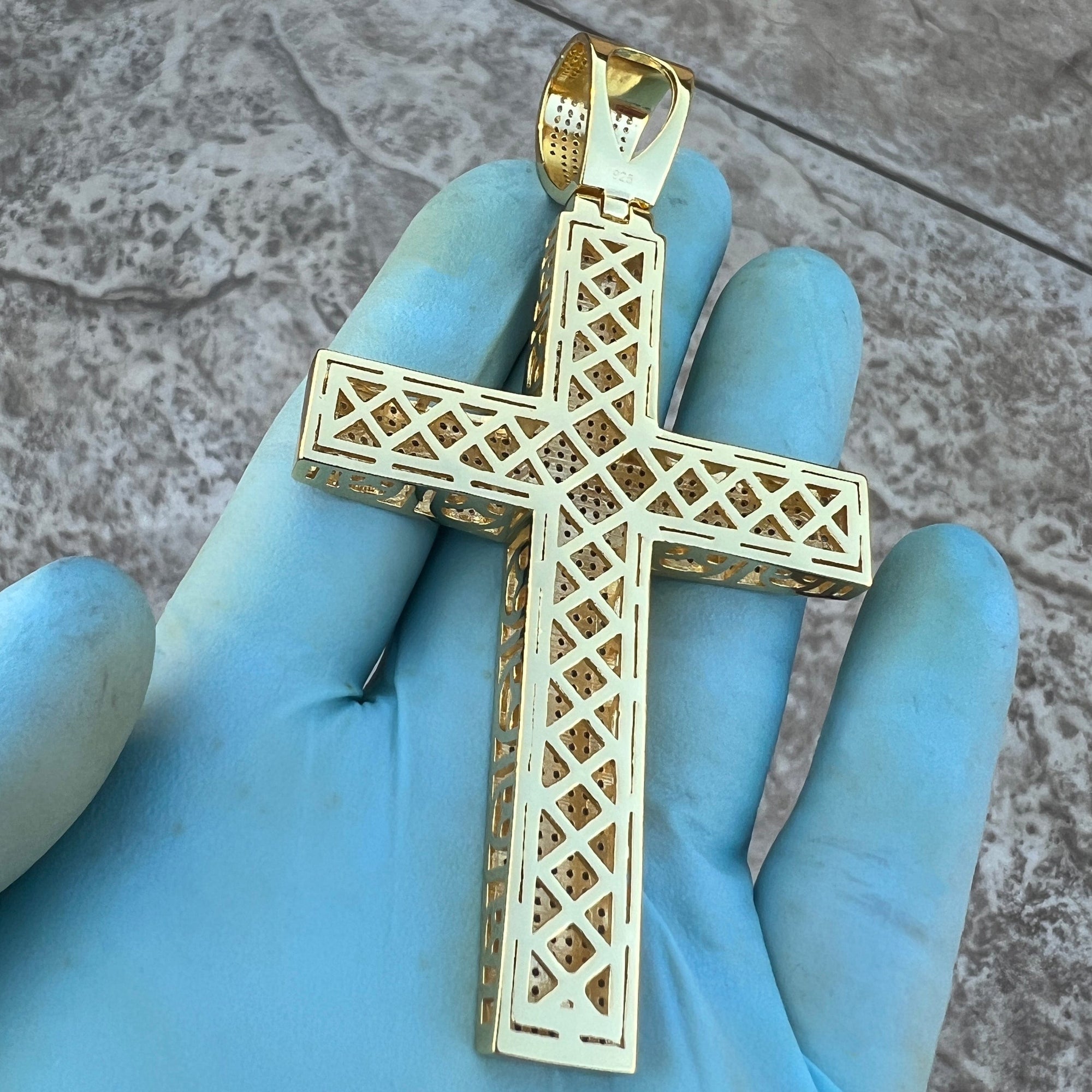 14K Gold Plated 925 Sterling Silver Big Cross Pendant Iced Micro Pave