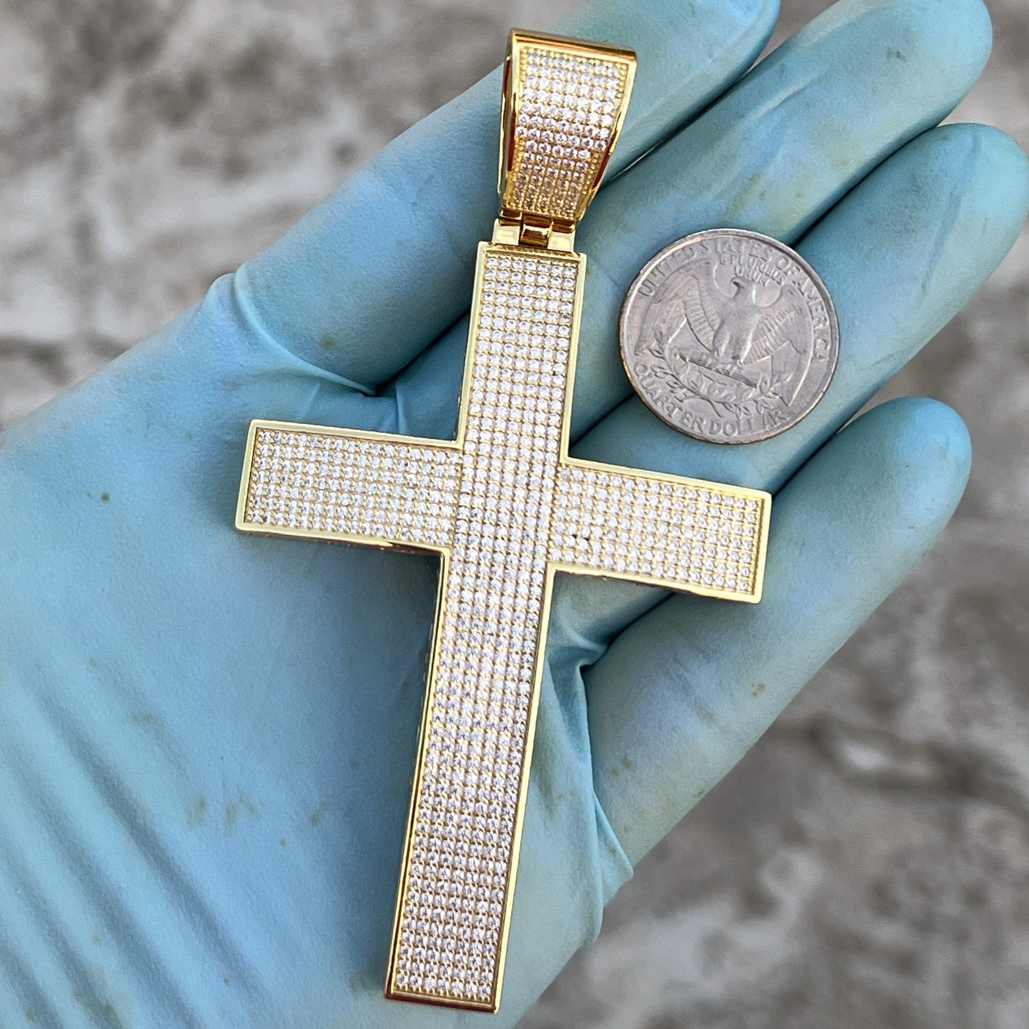 14K Gold Plated 925 Sterling Silver Big Cross Pendant Iced Micro Pave