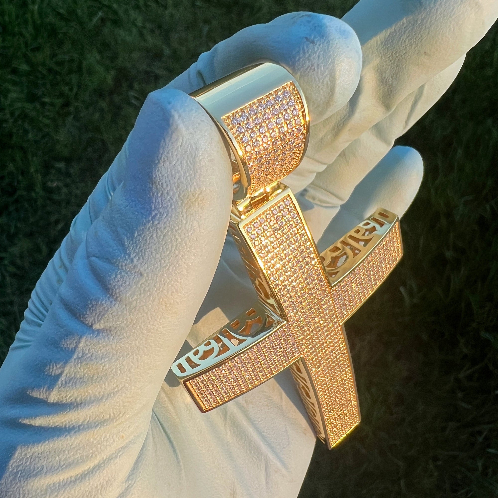 14K Gold Plated 925 Sterling Silver Big Cross Pendant Iced Micro Pave