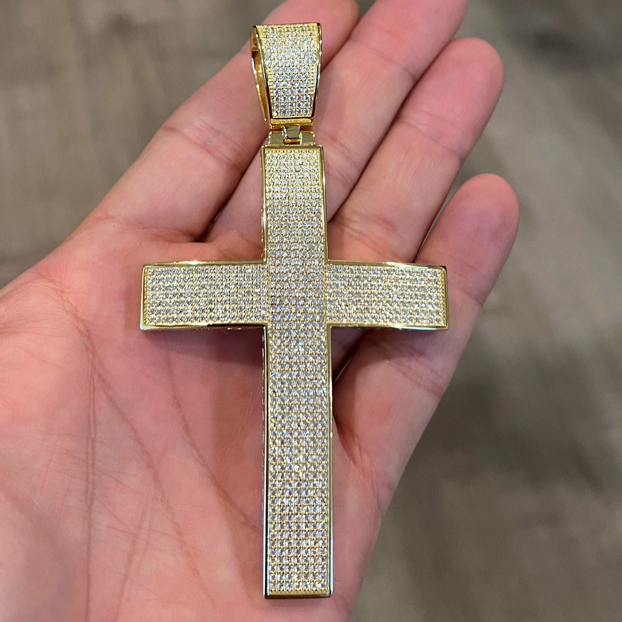 14K Gold Plated 925 Sterling Silver Big Cross Pendant Iced Micro Pave