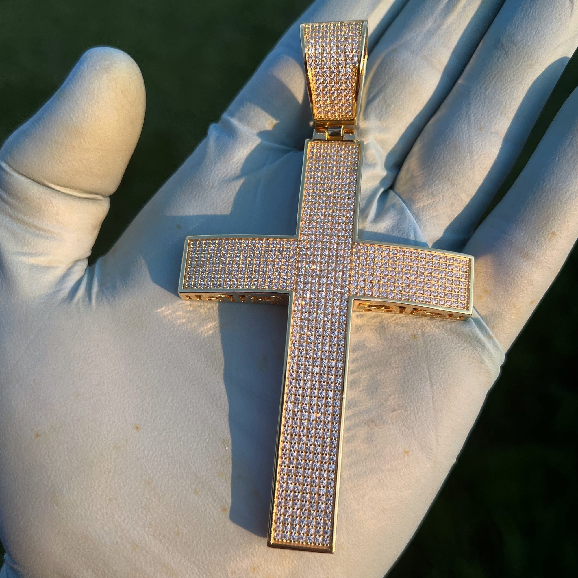 14K Gold Plated 925 Sterling Silver Big Cross Pendant Iced Micro Pave