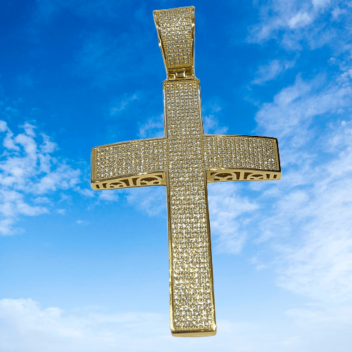 14K Gold Plated 925 Sterling Silver Big Cross Pendant Iced Micro Pave
